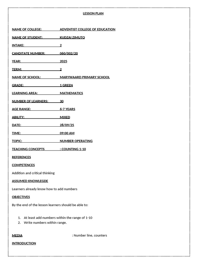 Grade 1 Math Lesson Plan: Addition 1-10 | PDF