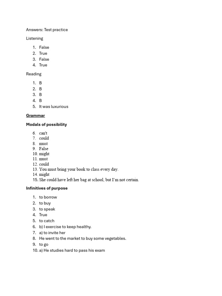 ESL Test 1 Practice Answers | PDF
