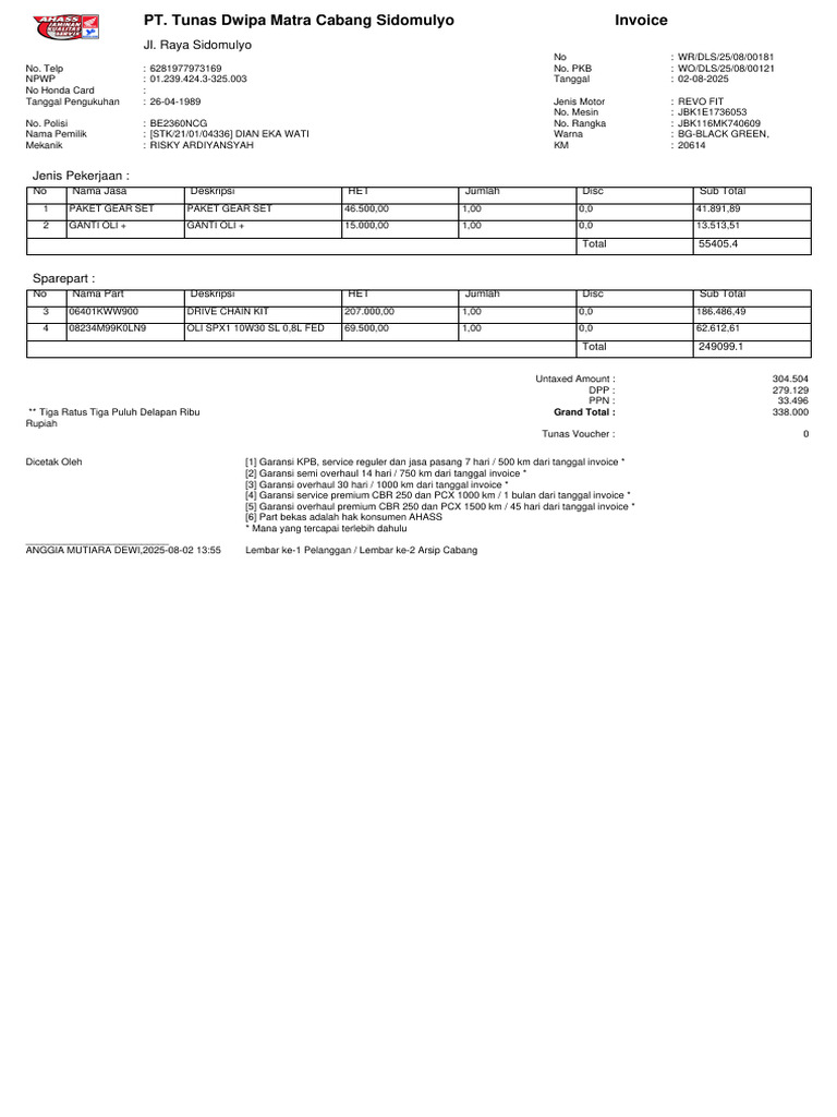 Invoice Servis Motor Honda REVO FIT | PDF
