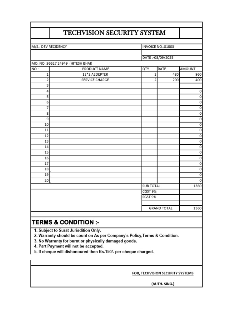 Invoice for Techvision Security System | PDF | Chess Openings | Chess ...
