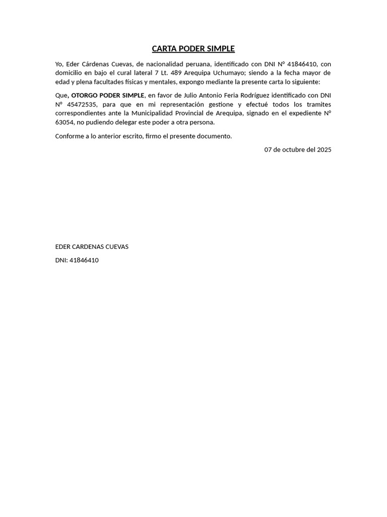 Carta Poder Simple para Trámites Municipales | PDF