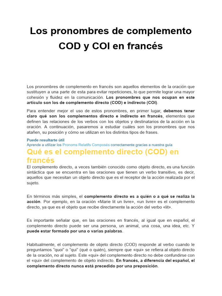 Pronombres COD y COI en francés | PDF | Objeto (gramática) | Verbo