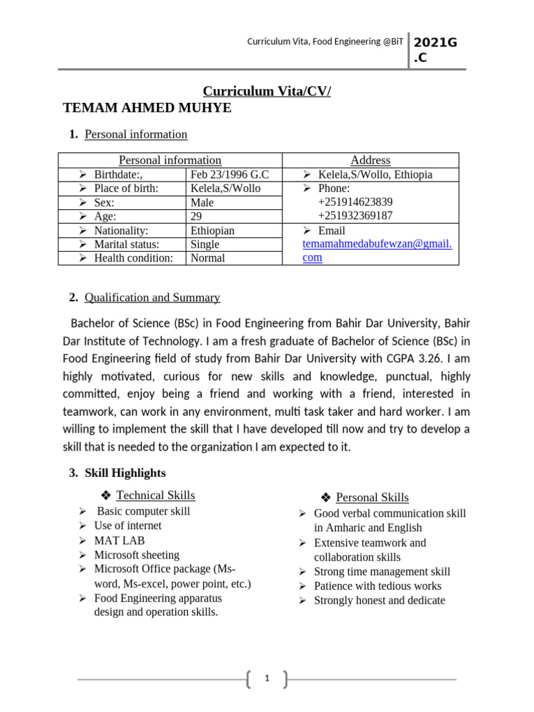 Food Engineering CV of Temam Ahmed | PDF