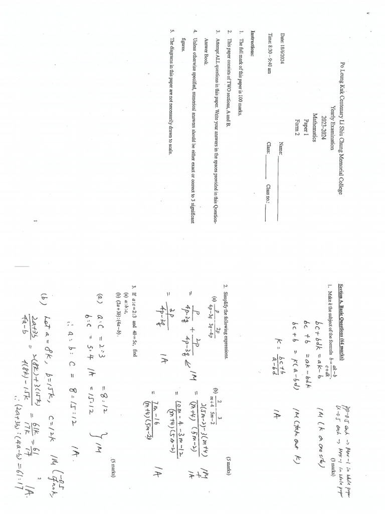 F2 YearlyExam Mathematics PaperI MS | PDF