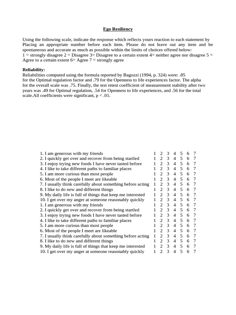 Ego Resiliency Assessment Scale | PDF