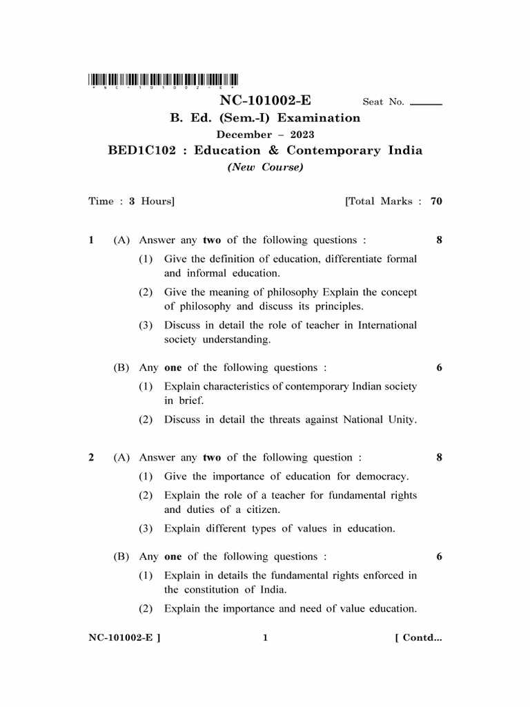 B.Ed. Exam Answer Key: Dec 2023 | PDF