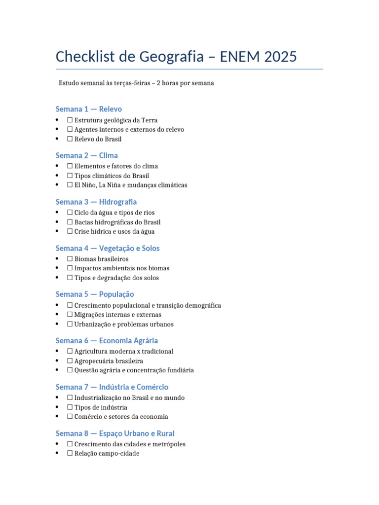 Checklist Geografia ENEM 2025 | PDF | Geopolítica | Brasil