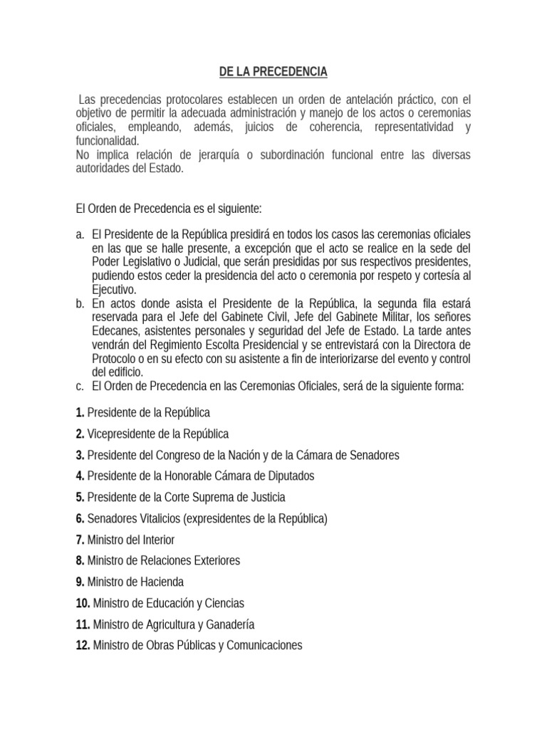 Orden de Precedencia Protocolo Oficial | PDF | Ministerio (Departamento ...