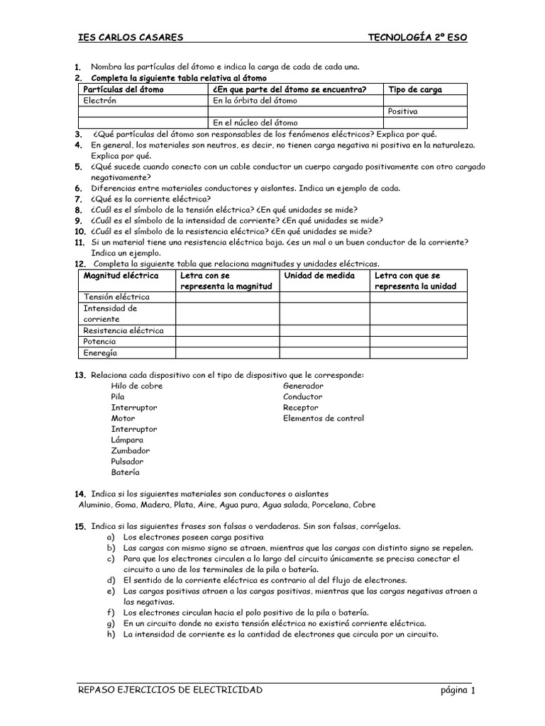 Ejercicios de Electricidad 2º ESO | PDF | Resistencia Eléctrica y ...