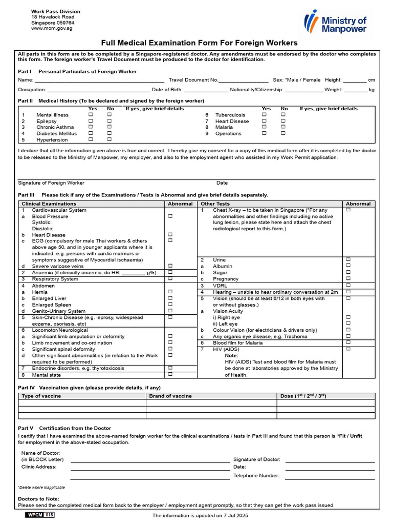 Medical Form for Work Permit Applicants | PDF | Physical Examination ...