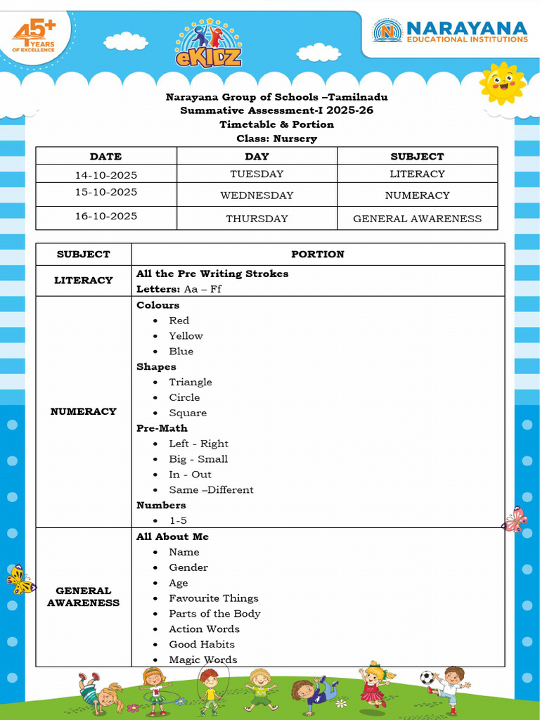 Nursery TN Sa - I Time Table & Portion (2025-26) | PDF