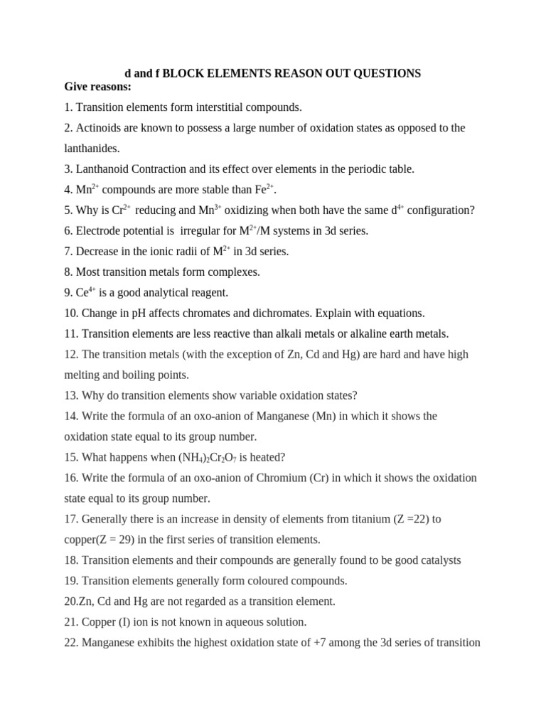 D and F Block Elements Reason Out Questions | PDF | Transition Metals ...