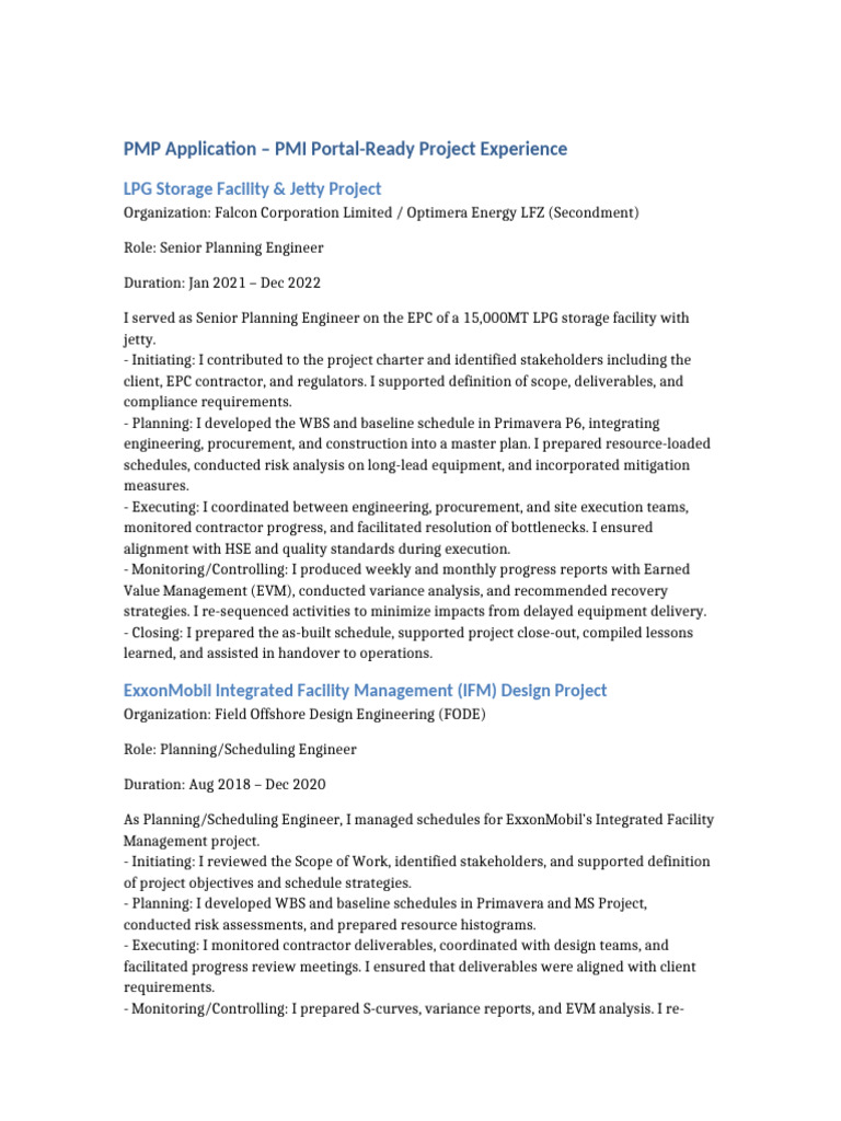 PMP Application: Project Experience Summary | PDF | Business