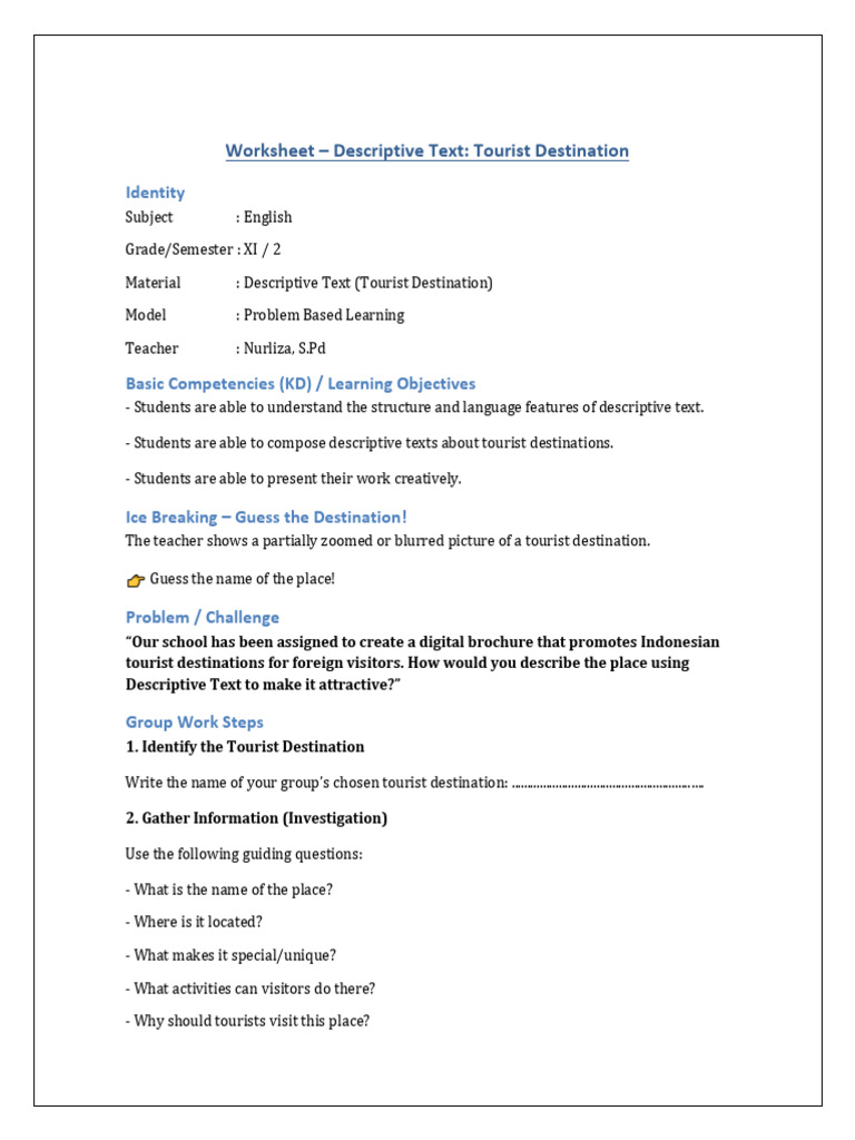 Descriptive Text Worksheet for Tourism | PDF | Cognition | Learning