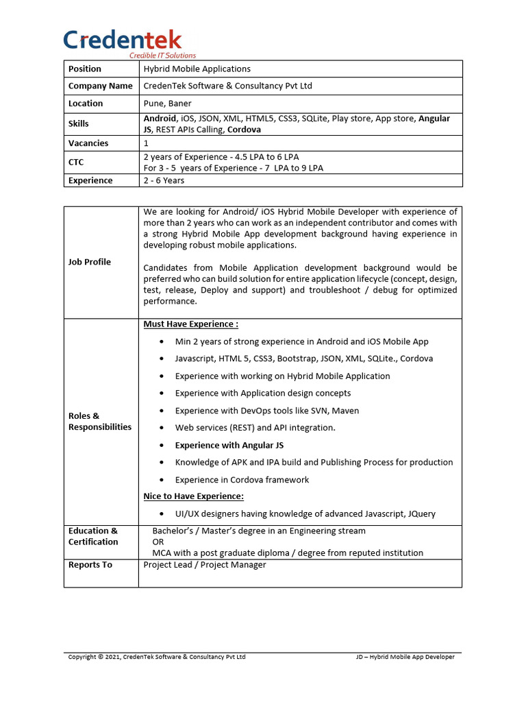 JD - Hybrid Mobile App Developer | PDF | Mobile App | Computing
