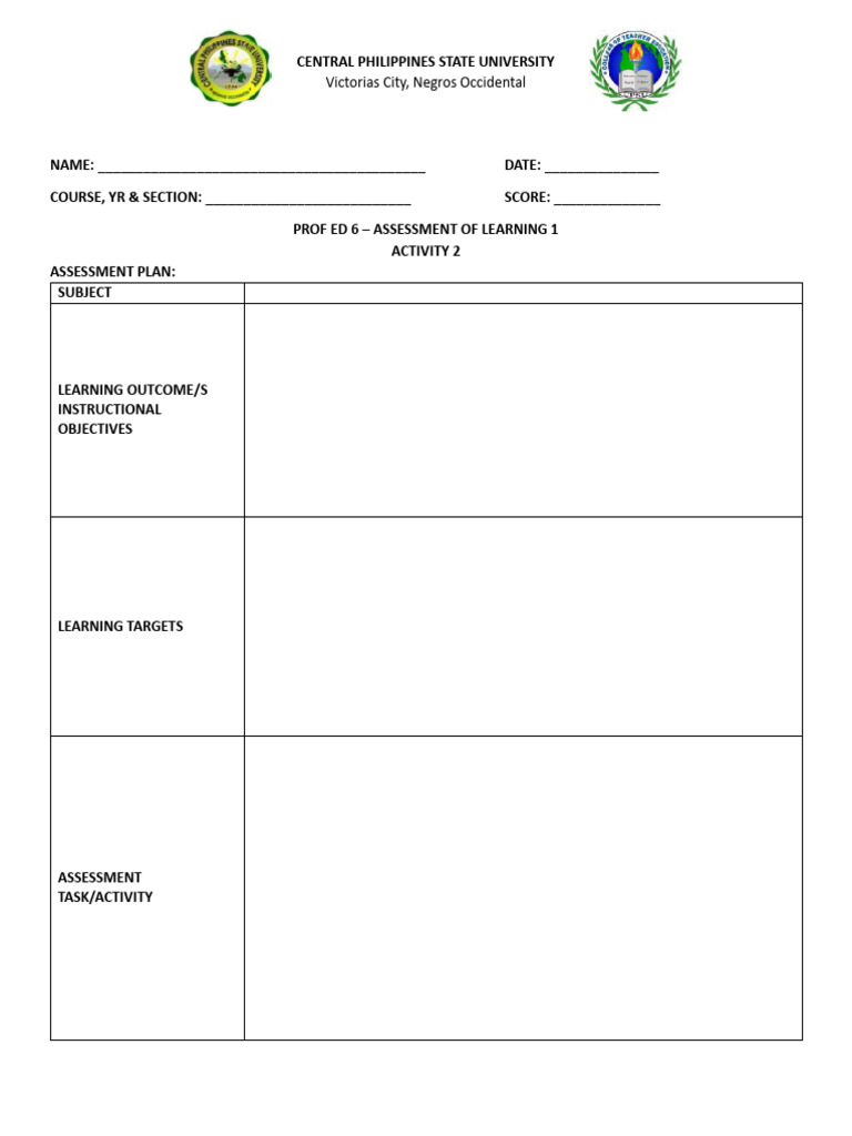 Assessment Plan for Learning Outcomes | PDF