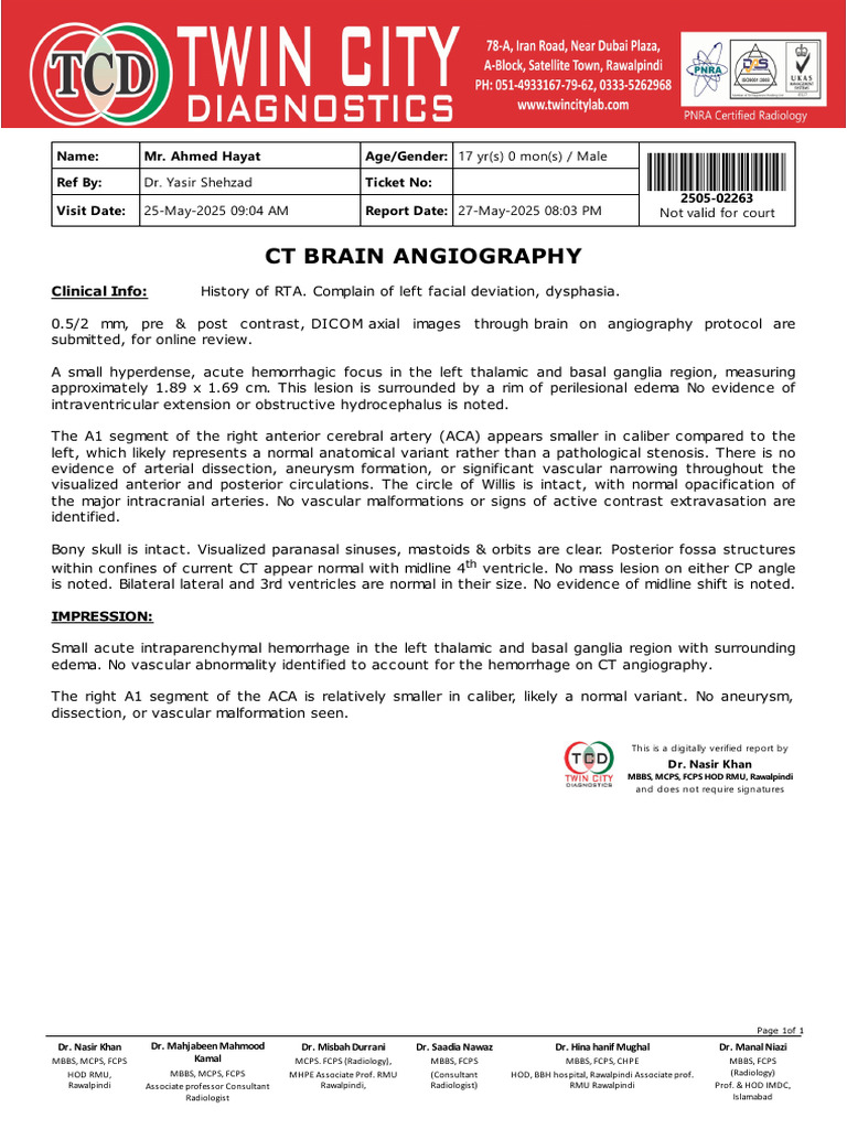 CT Angiography (Cerebral - Brain) - 2505-02263 | PDF | Angiography ...