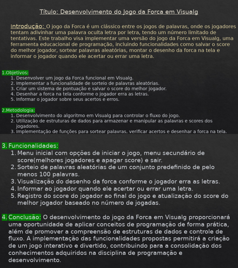 Jogo da Forca em Visualg: Desenvolvimento e Funcionalidades | PDF