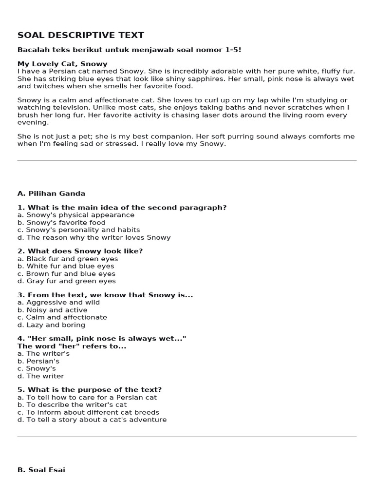 Descriptive Text Questions and Answers | PDF | Cats
