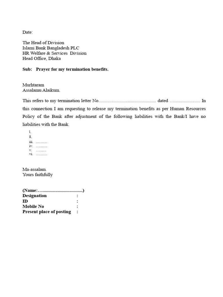 Approach Letter For Termination Benefit | PDF