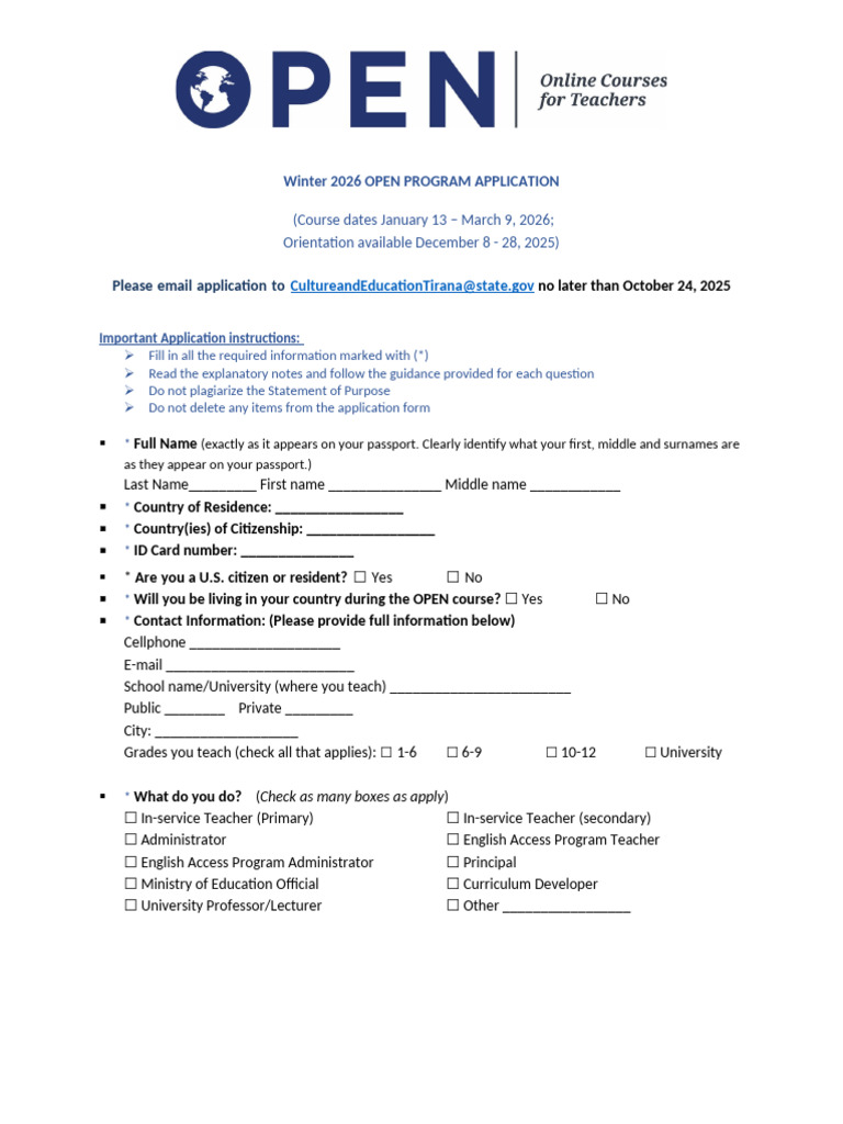 Winter 2026 OPEN Program Application Guide | PDF | English As A Second ...