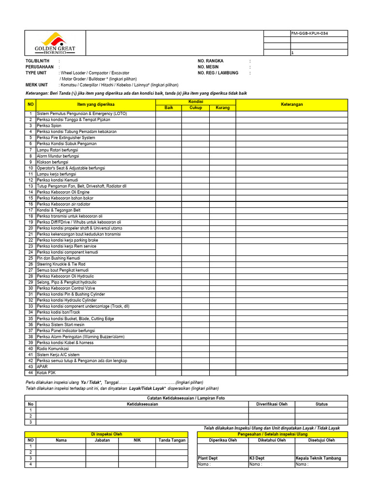 Inspeksi Keselamatan Alat Berat 2023 | PDF