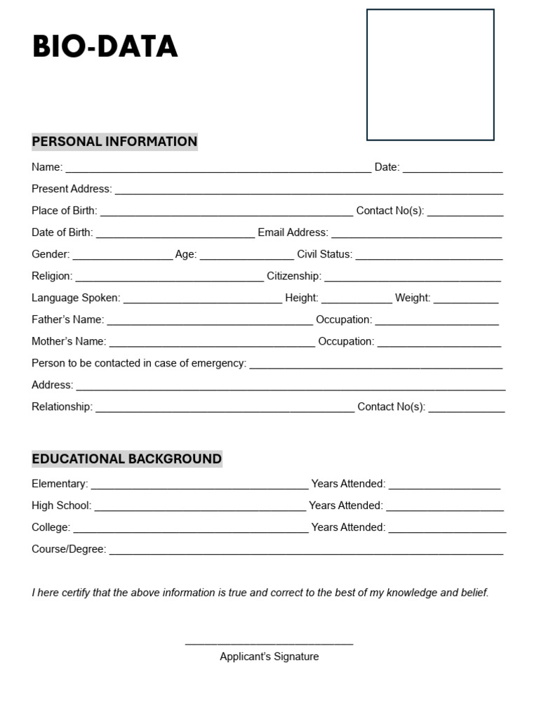 Personal Bio-Data Form Template | PDF