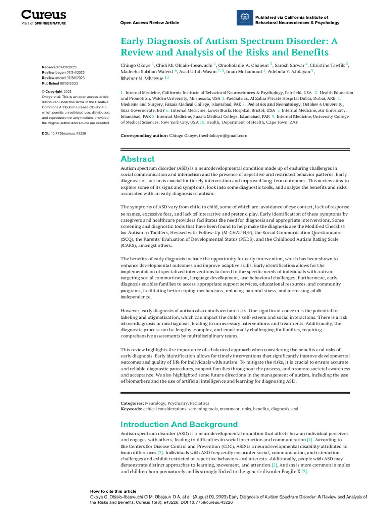 2023 Early Diagnosis of Autism Spectrum Disorder, A Review and Analysis ...