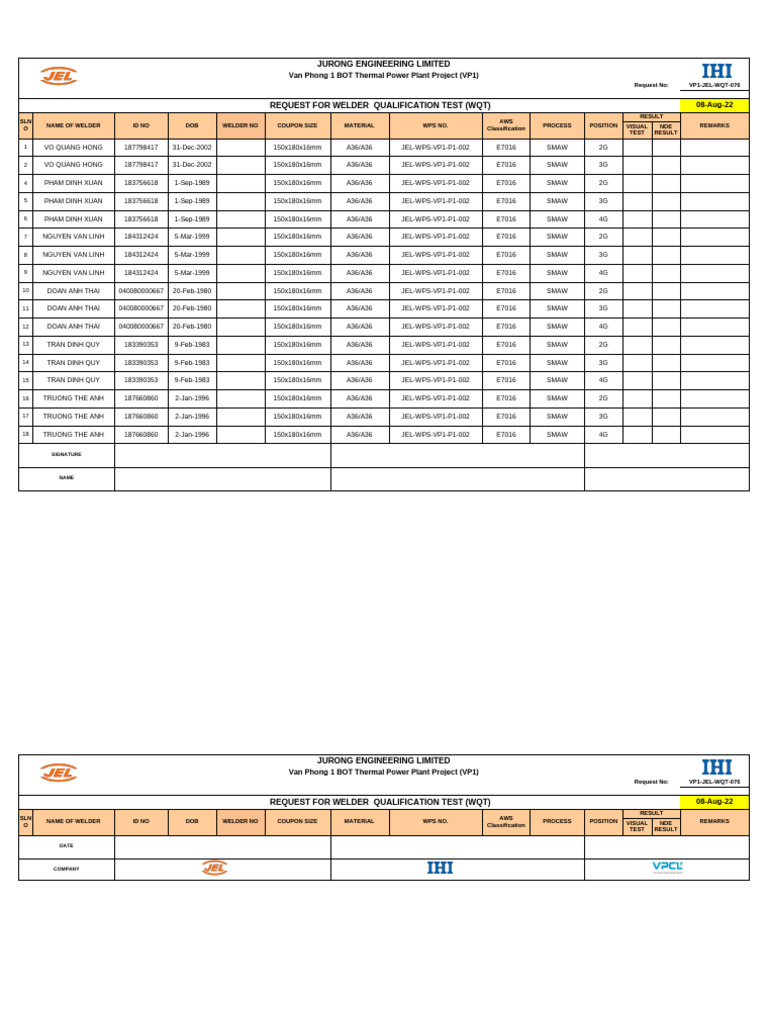 Welder Qualification Test Report VP1 | PDF