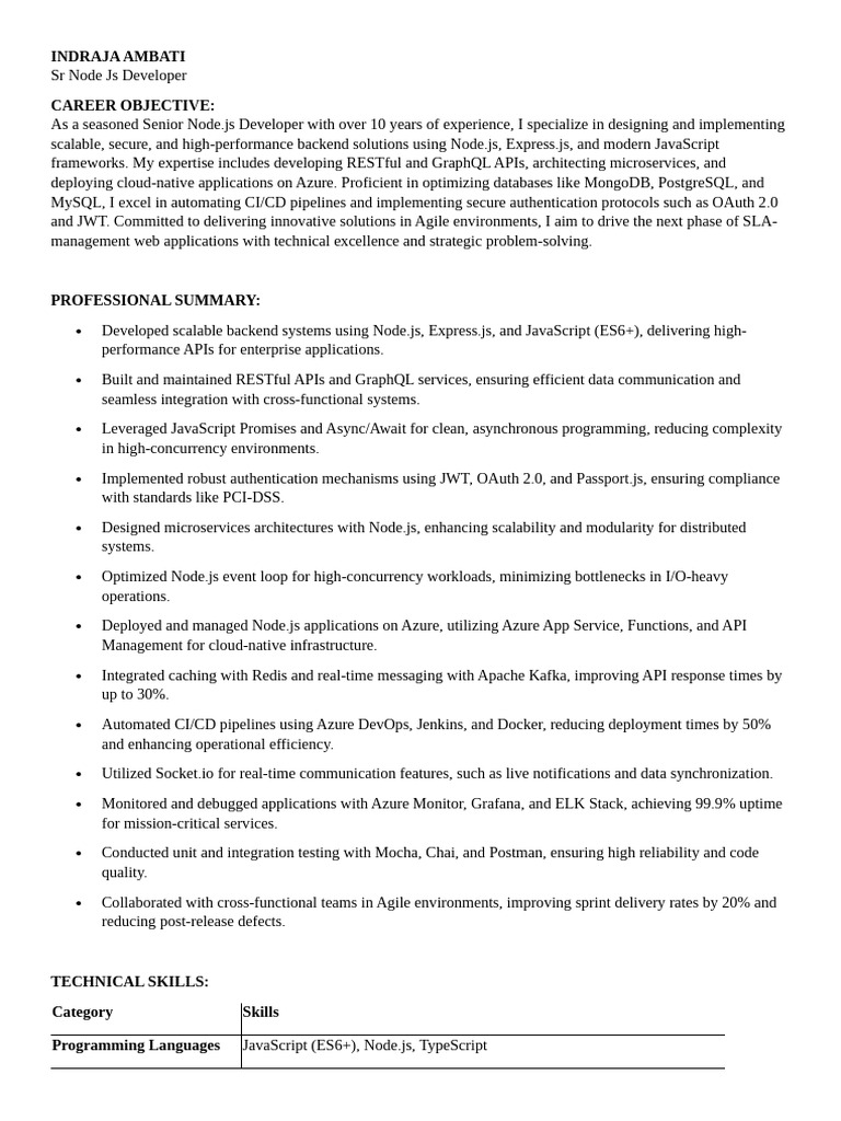 Senior Node.js Developer Resume | PDF | Microsoft Azure | Postgre Sql