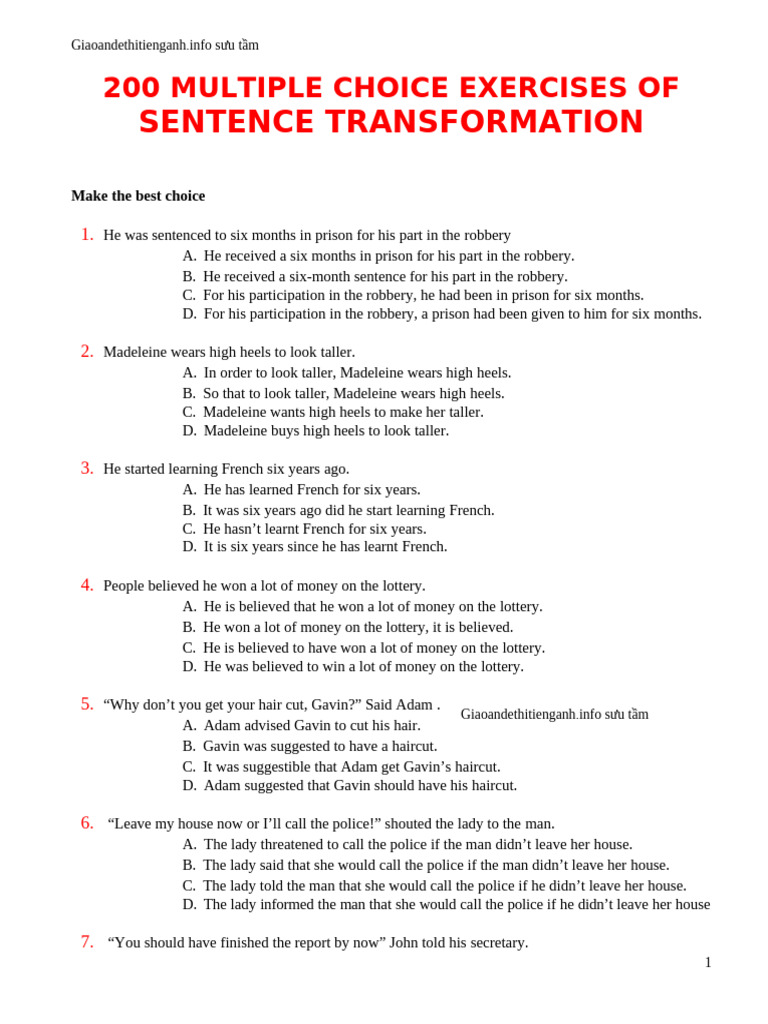 200 Multiple Choice Exercises of Sentence Transformation | PDF | Cost ...