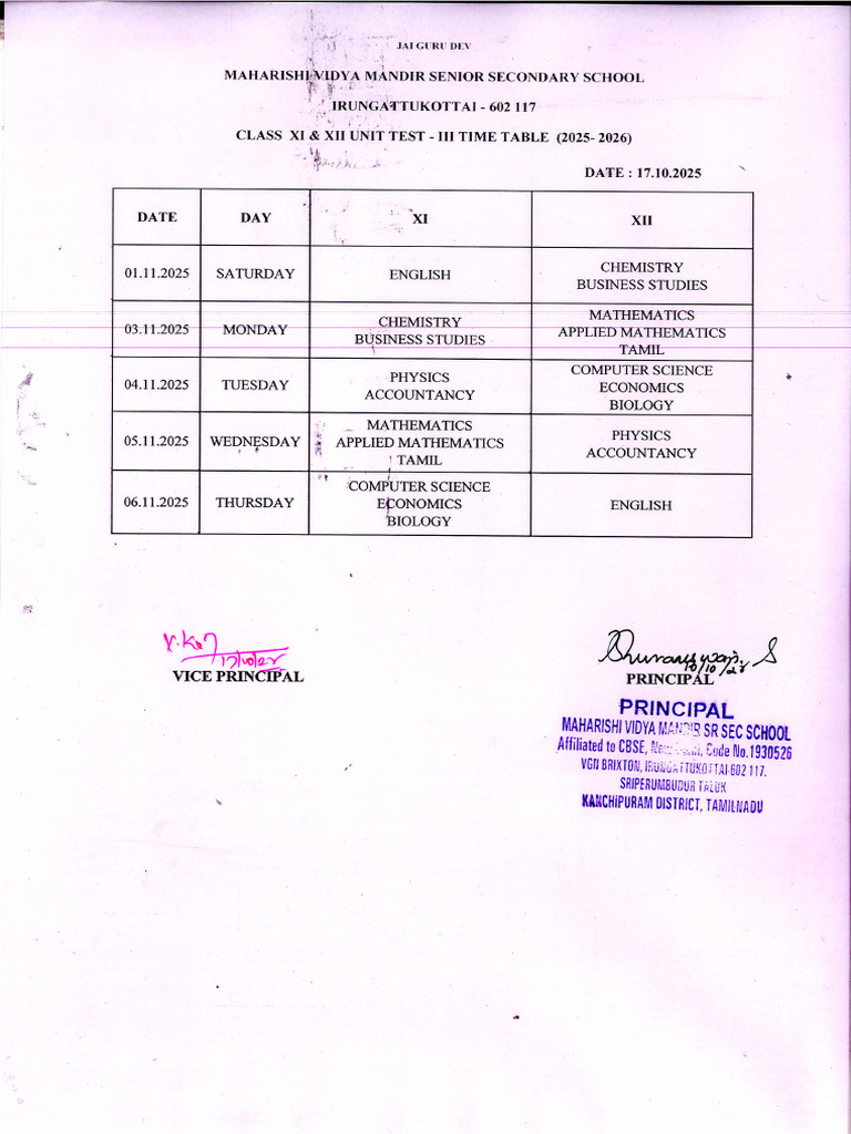 Class Xi & Xii Ut III Time Table (25-26) | PDF