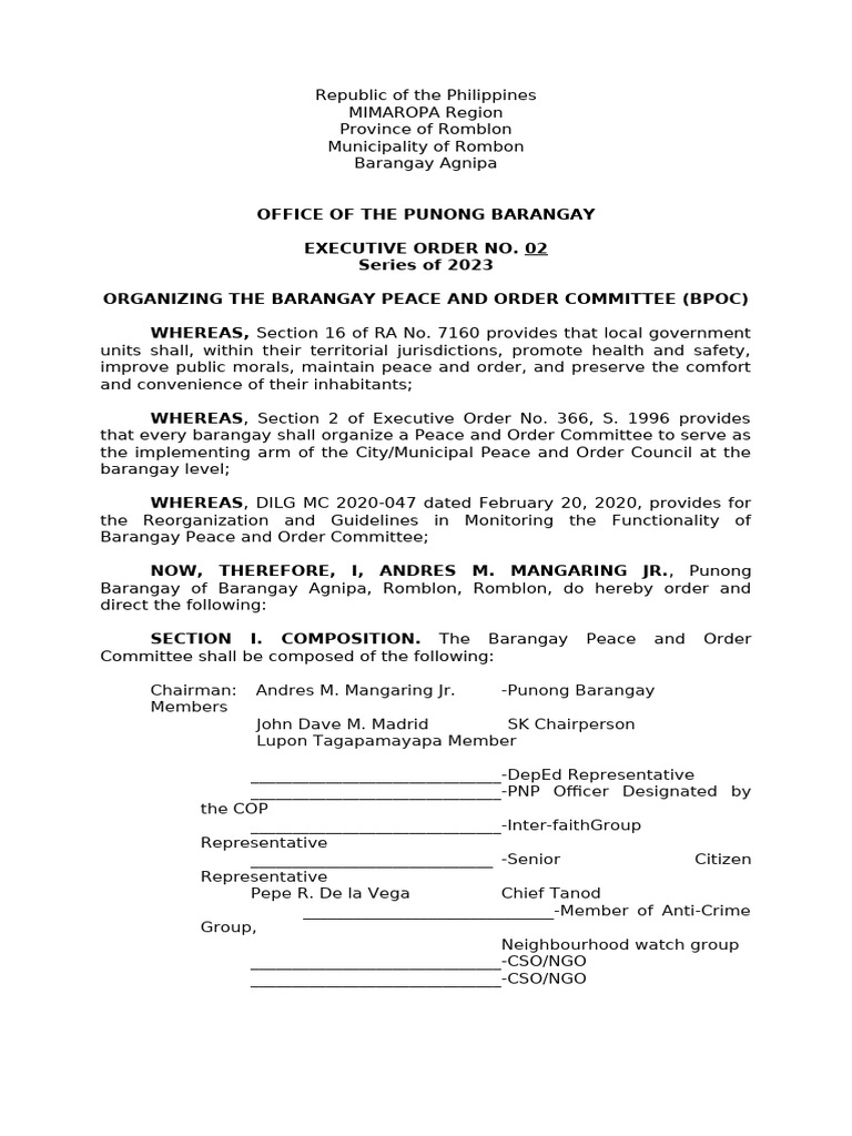 Organizing Barangay Peace Committee 2023 | PDF