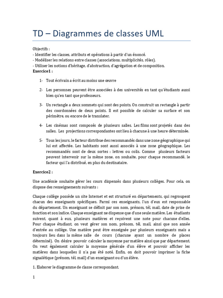 Diagrammes de classes UML pour exercices | PDF