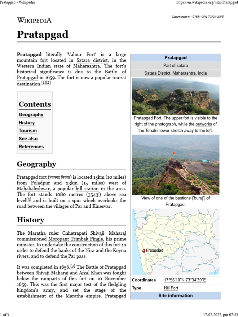 Pratapgad Fort: Coordinates & History | PDF