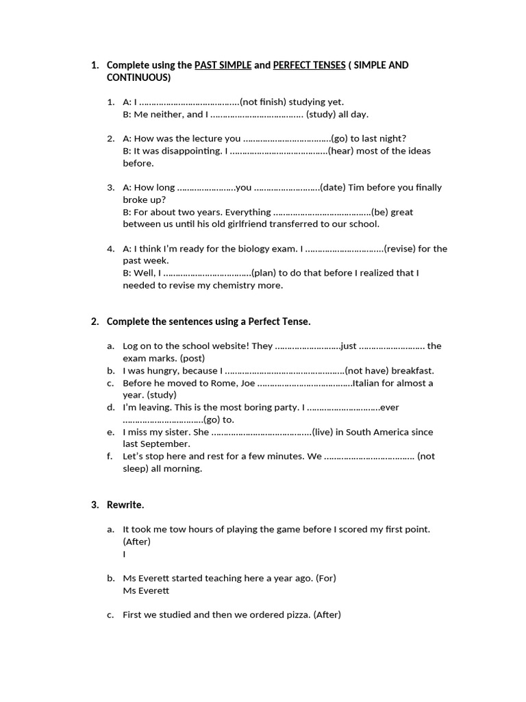Past Simple and Perfect Tenses Exercises | PDF