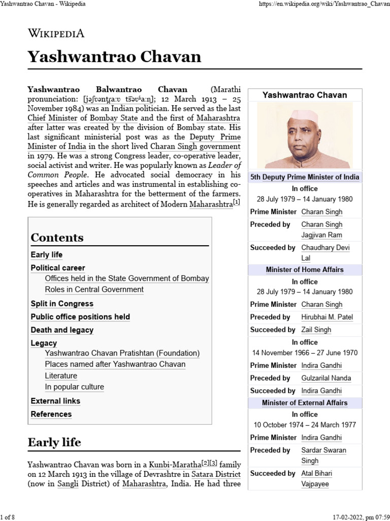 Yashwantrao Chavan: Maharashtra's Leader | PDF | Indian National ...