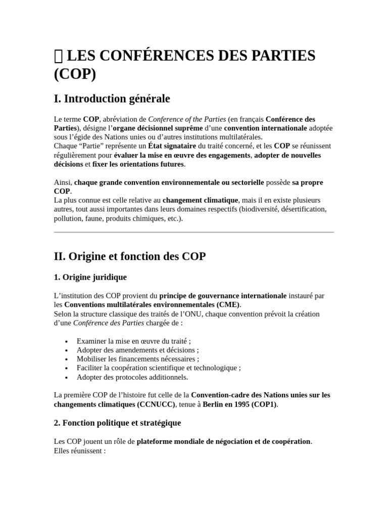 Les Conférences des Parties (COP) | PDF | Convention-cadre des Nations ...