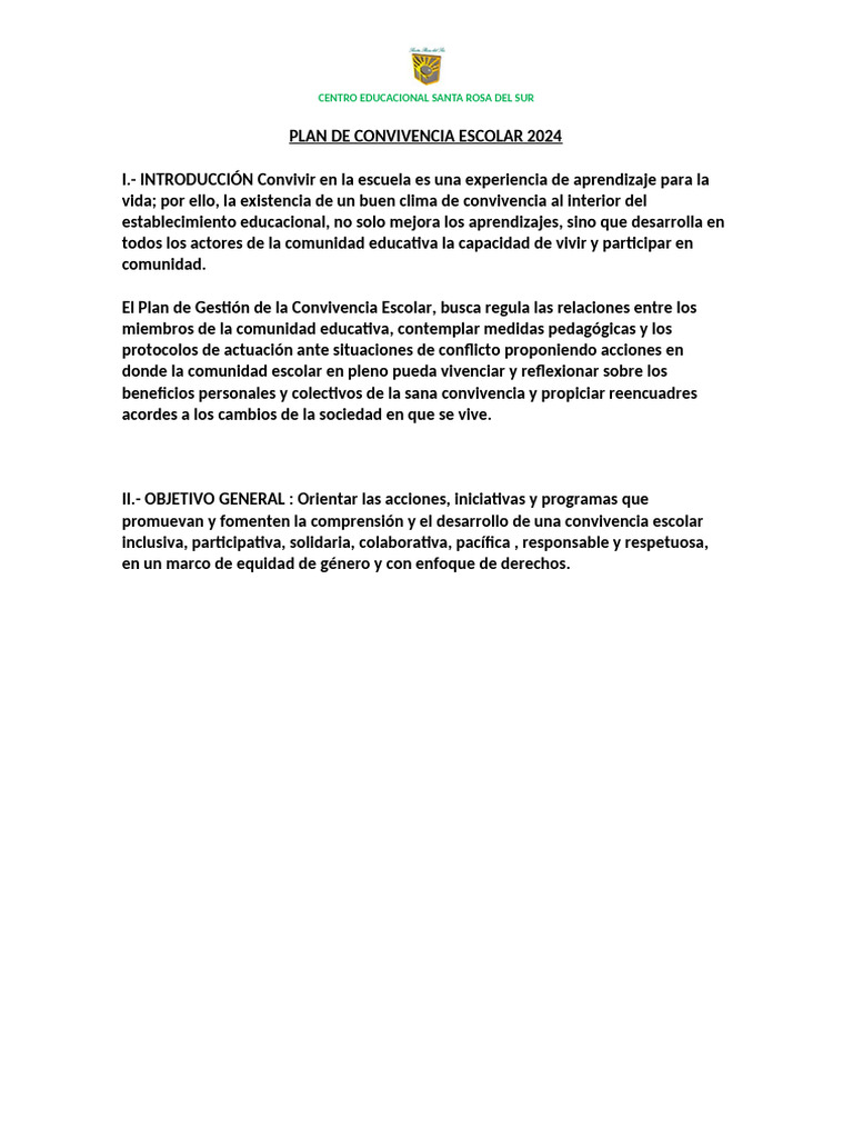 Plan de Convivencia Escolar 2024 | PDF | Inclusión (Educación ...
