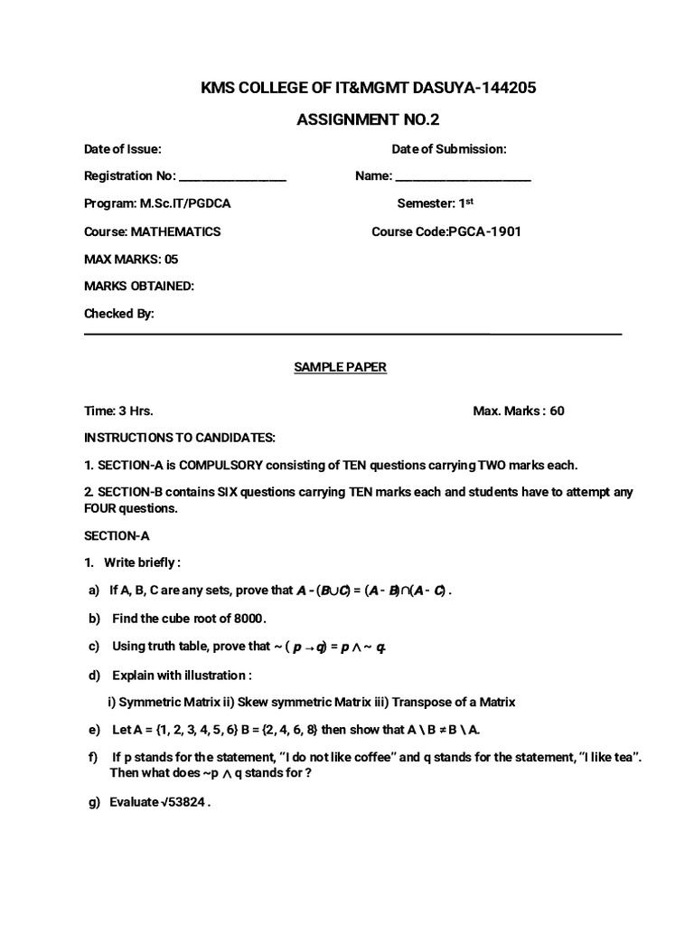 M.Sc.IT Mathematics Assignment Sample Paper | PDF | Logic | Mathematics
