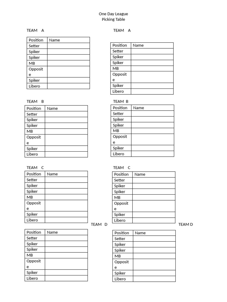 One Day League Team Roster Template | PDF