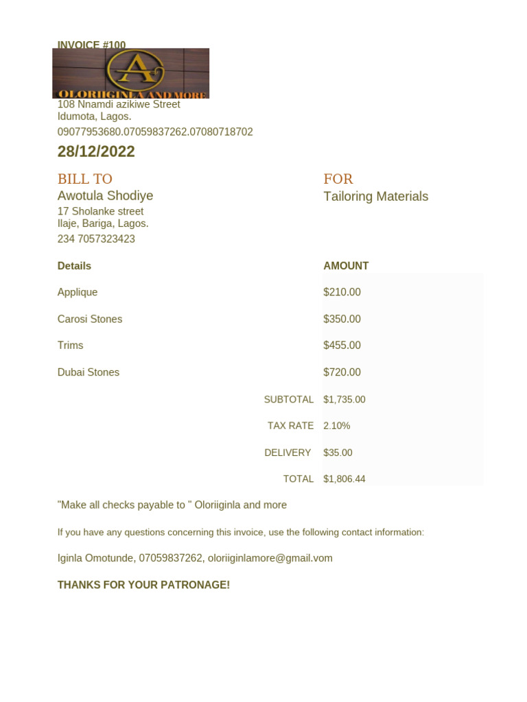 Tailoring Materials Invoice #100 | PDF
