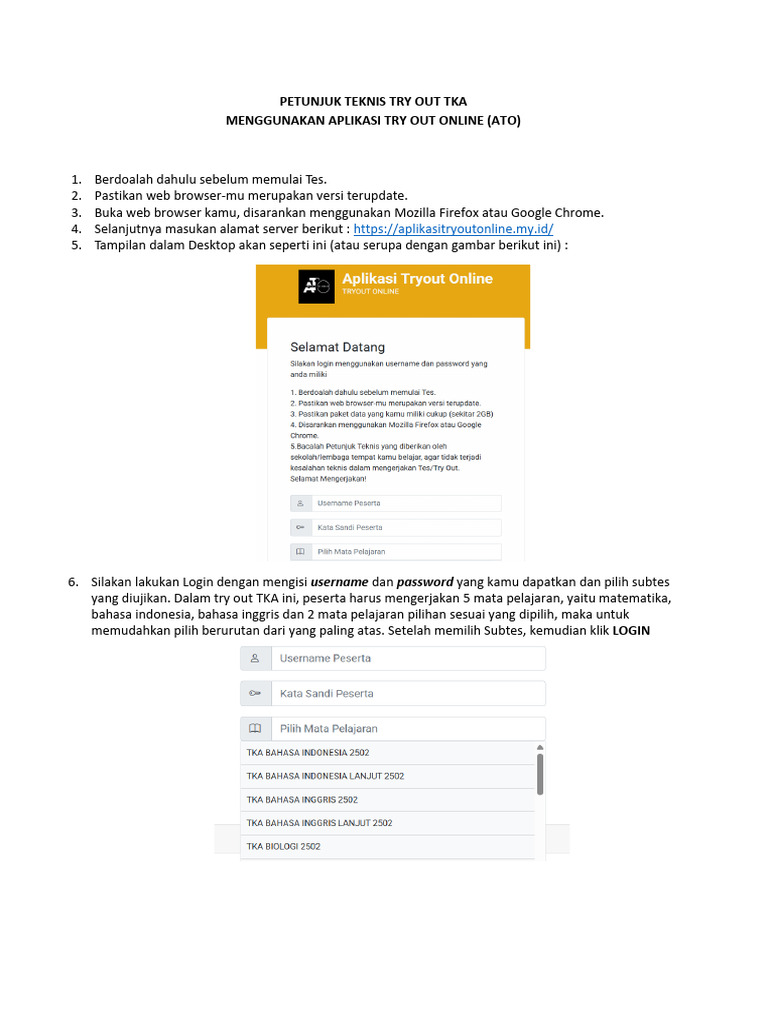 Petunjuk Teknis Try Out TKA Online | PDF