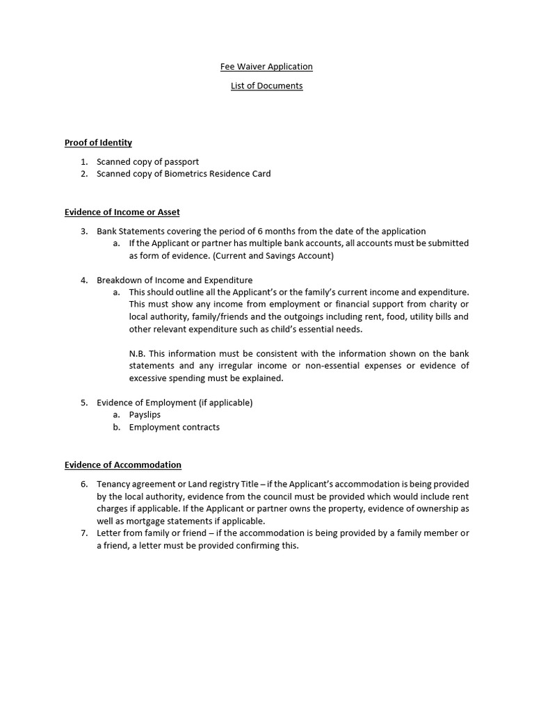 Fee Waiver Application Document Checklist | PDF