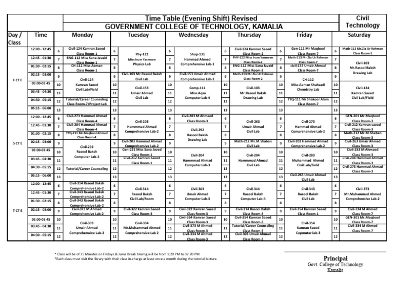 Evening Shift Civil Engineering Timetable | PDF