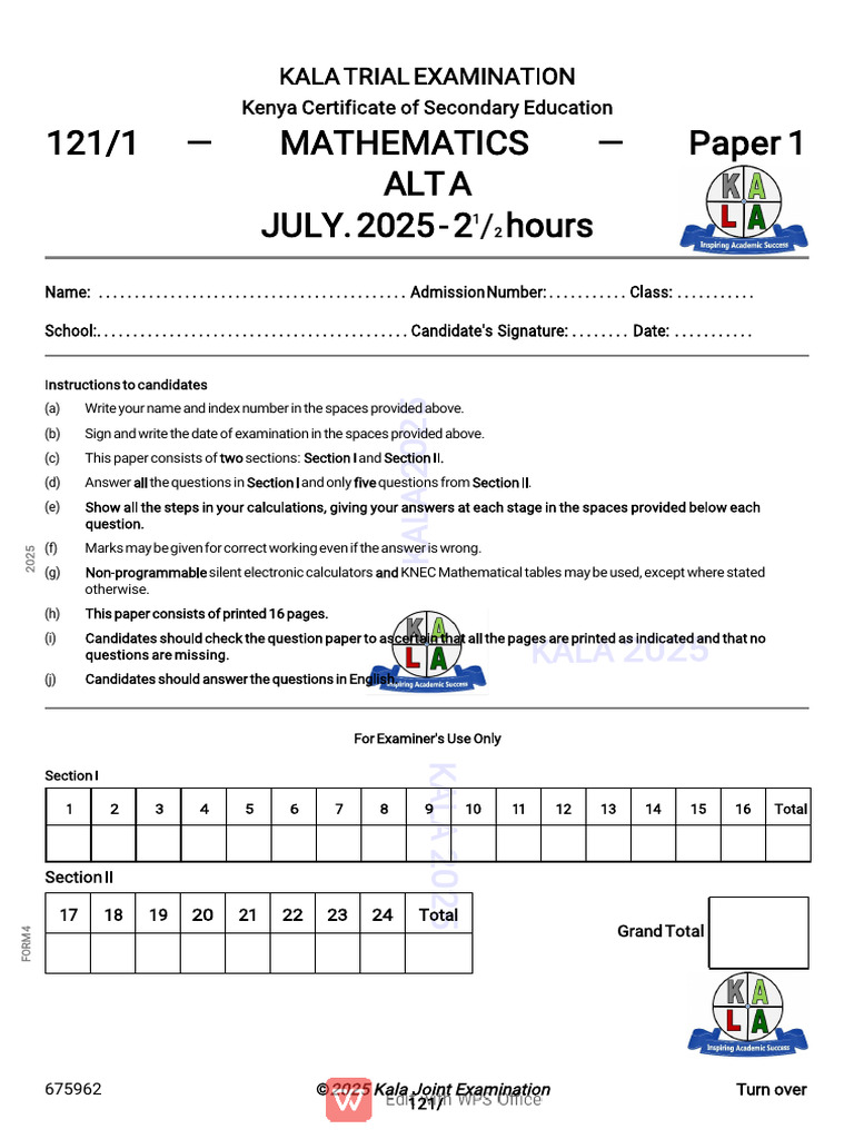 KALA 2025 Mathematics Exam Paper 1 | PDF | Area | Elementary Geometry