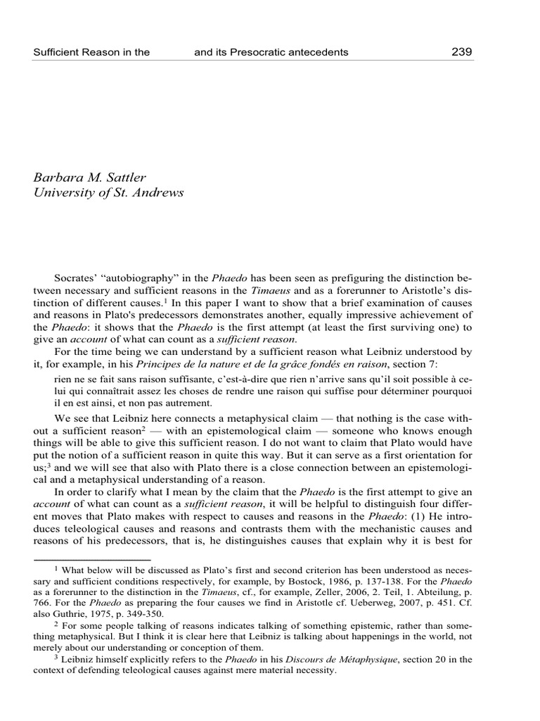 Sufficient Reason in Plato's Phaedo | PDF | Reason | Causality