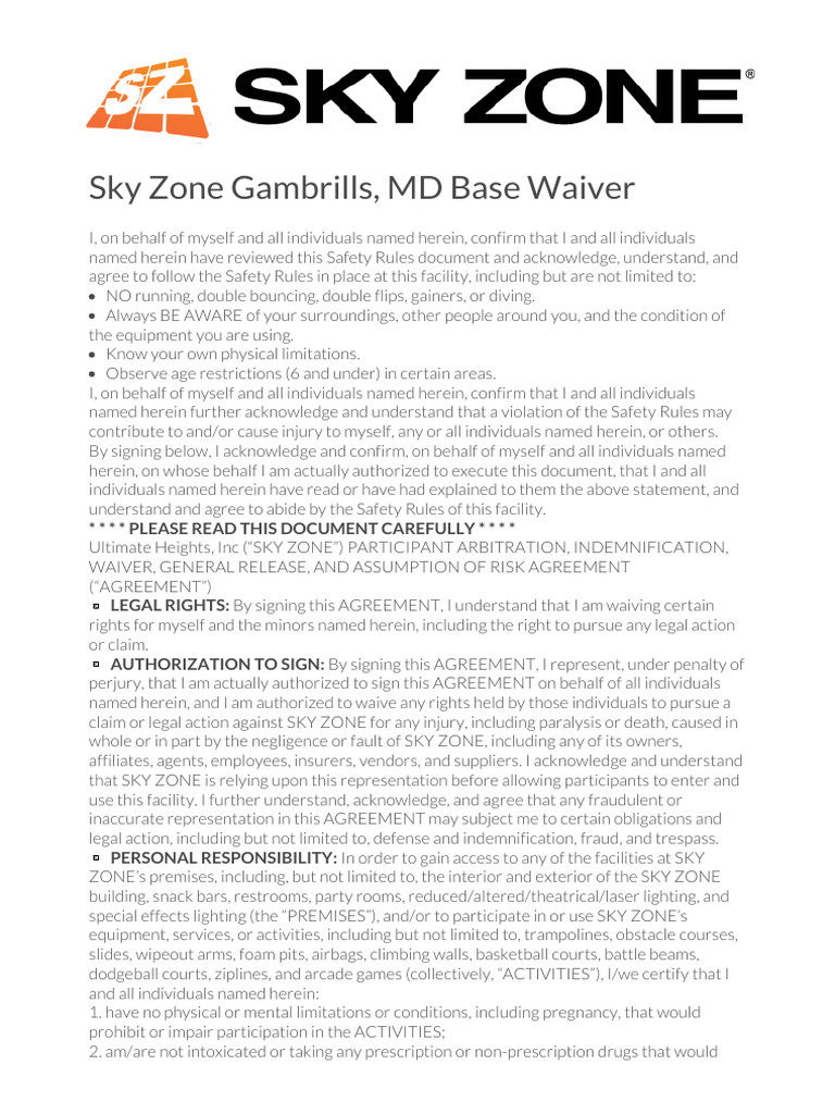 Sky Zone Gambrills, MD Base Waiver: Please Read This Document Carefully ...
