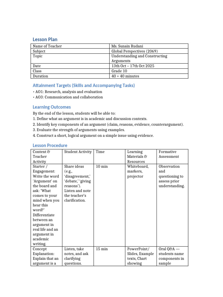 Lesson Plan Teaching Argument | PDF | Argument | Lesson Plan