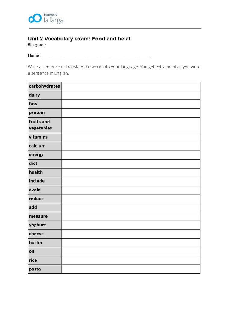 5th Grade Food and Health Vocabulary Exam | PDF